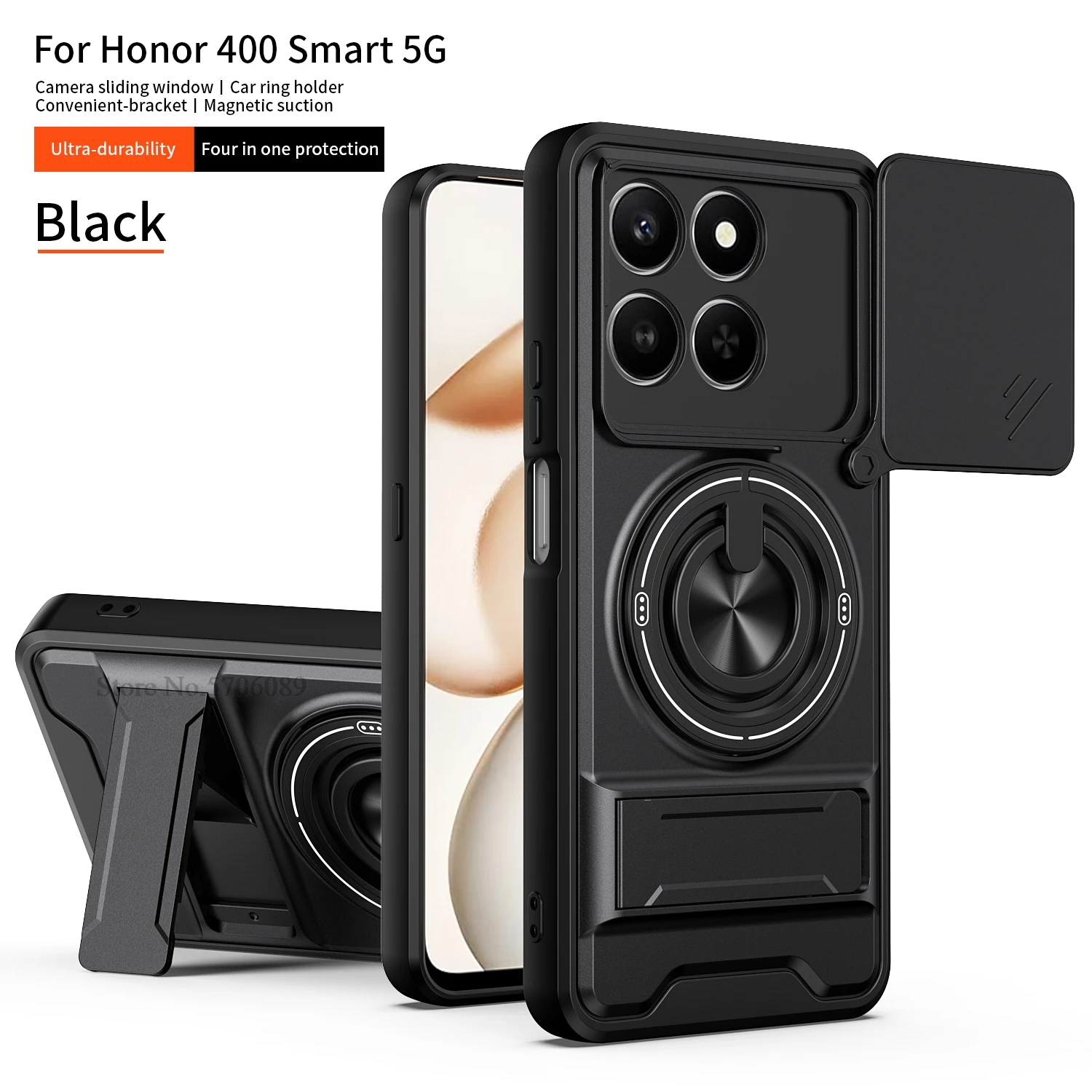 Enhanced Shockproof Armor Phone Case with Slide Lens Protector and Ring Holder