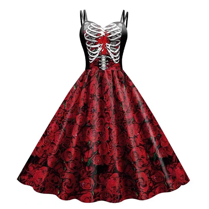 Halloween New Costumes for Women Skull Print Halter Dress Sleeveless Tunic Vintage Party Dresses Goth Clothes Masquerade Vestido