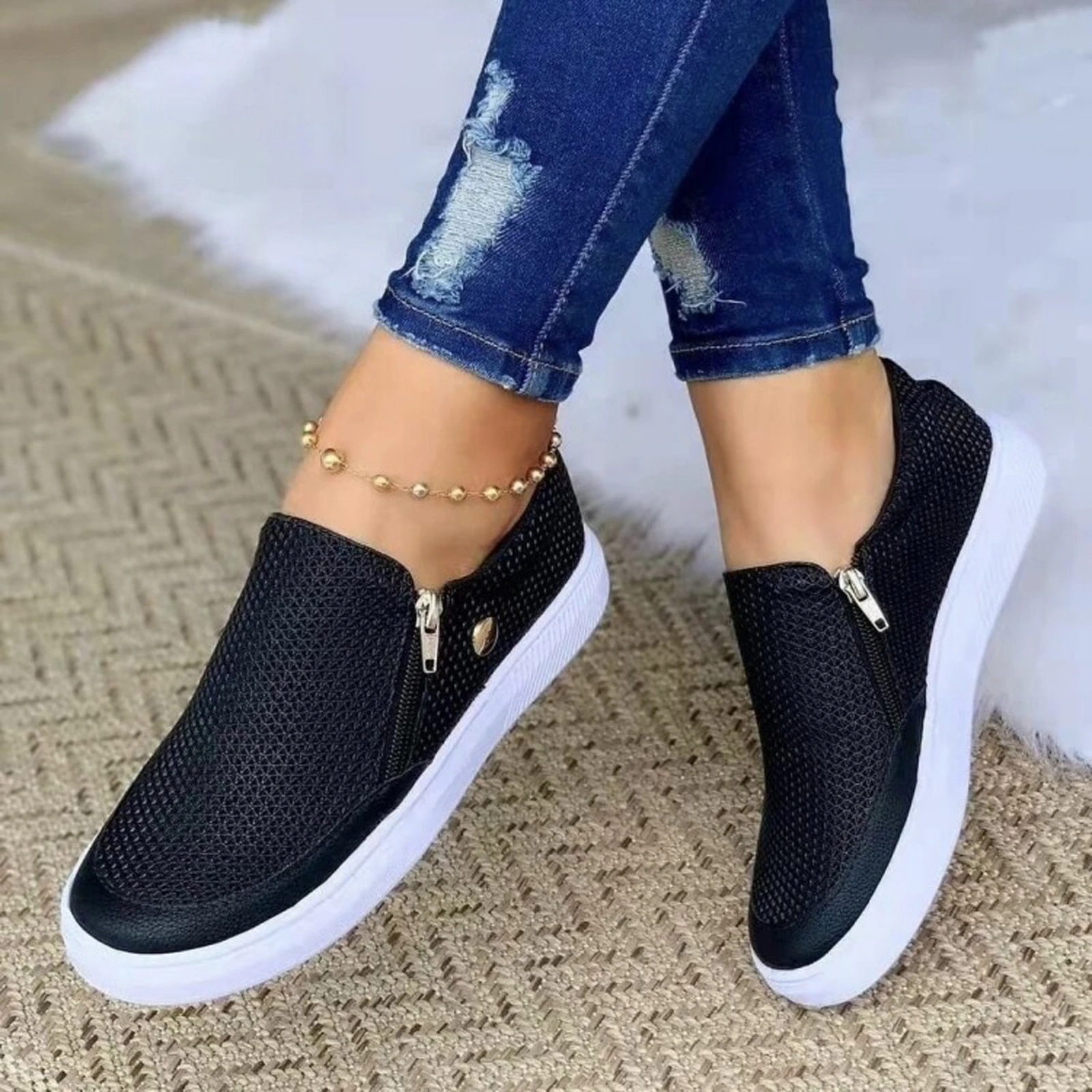 planos sin cordones para mocasines con cremallera de cuero en relieve, con brillante, a la moda, otoño|Zapatos planos de - AliExpress
