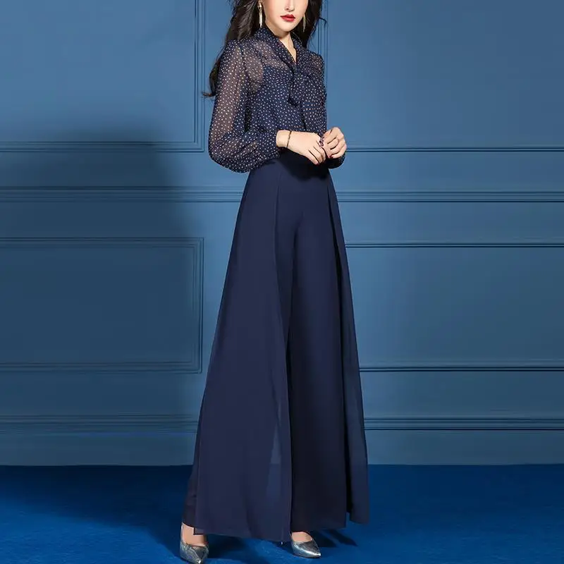Fashion Set Women's Spring/Summer 2023 New Age Reducing and Slimming Style Goddess Fan Chiffon Wide Leg Pants Two Piece Set