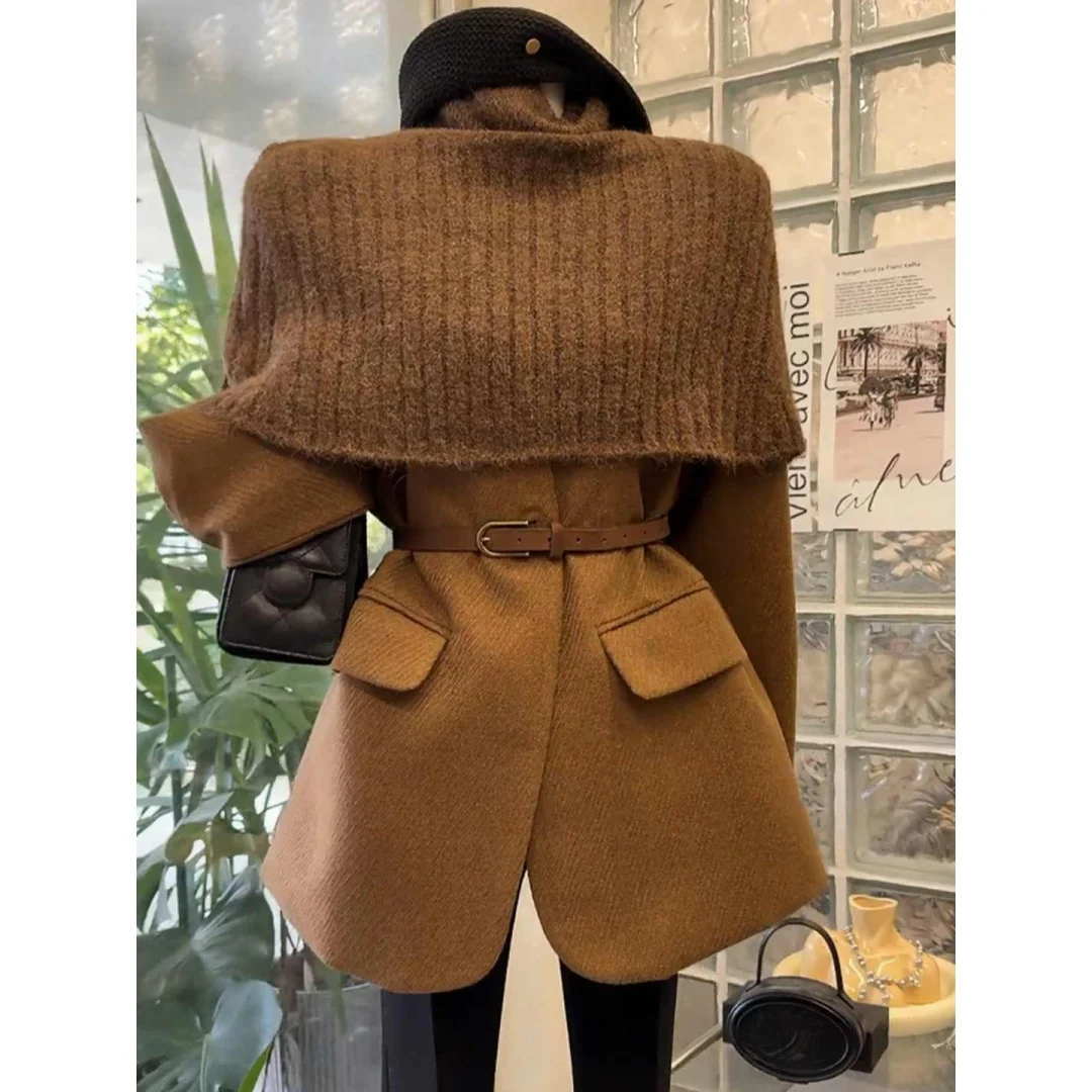 Casaco de Lã Tricotado Plus Size Estilo Coreano Vintage com Patchwork, Lançamento de Outono/Inverno, E e Versátil