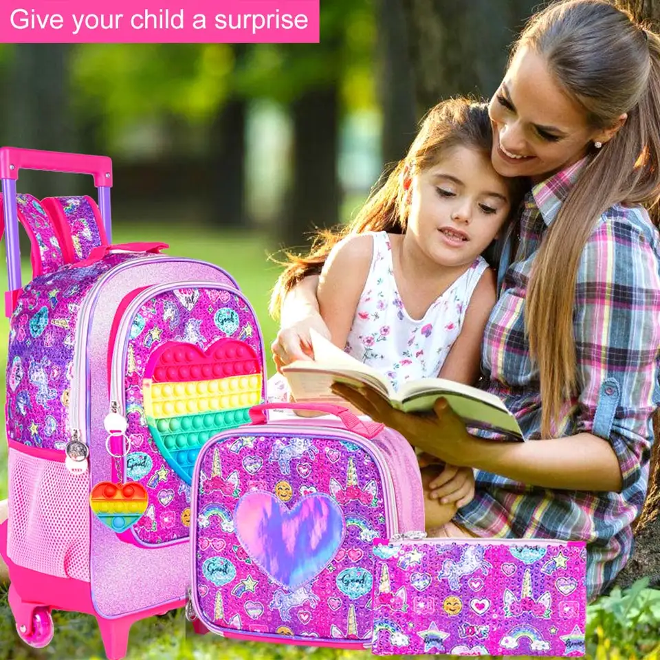 Mochila Con Ruedas Para Niñas Y Niños, Bolsa De Libros De Dinosaurio De Unicornio Con Ruedas Enrollables, Juego De Maleta Escolar, Rosado (Cat Pink), Talla única, Moderno