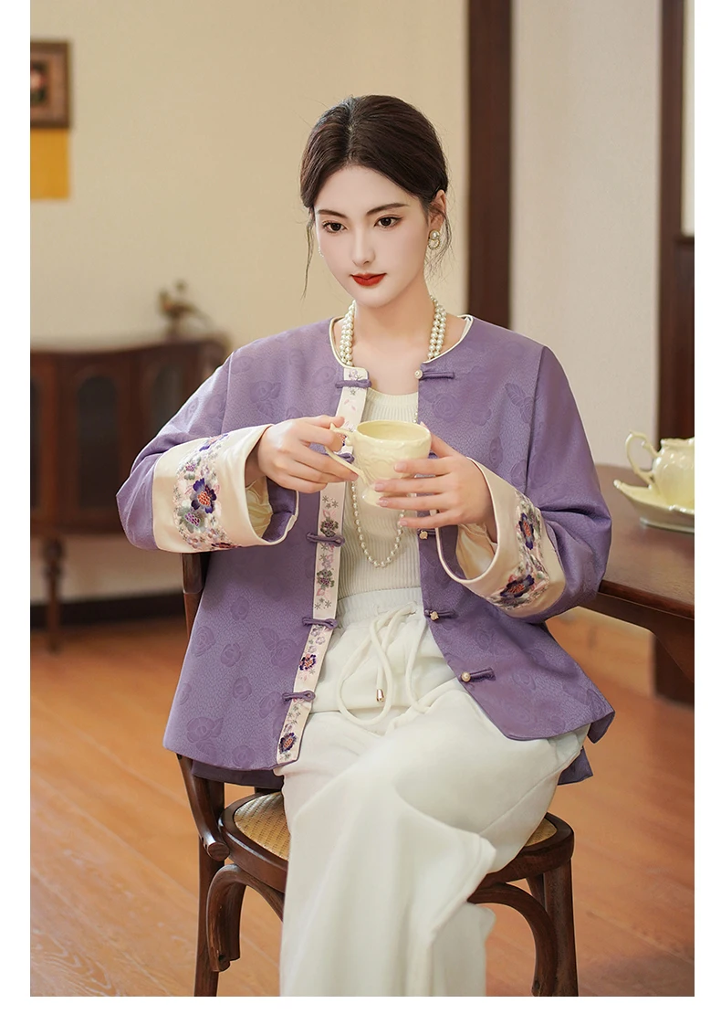 Spring And Autumn New Chinese Style High-End O-Neck Retro Single Breasted Jacket Elegant Purple Jacquard +Embroidery Top S-XXL