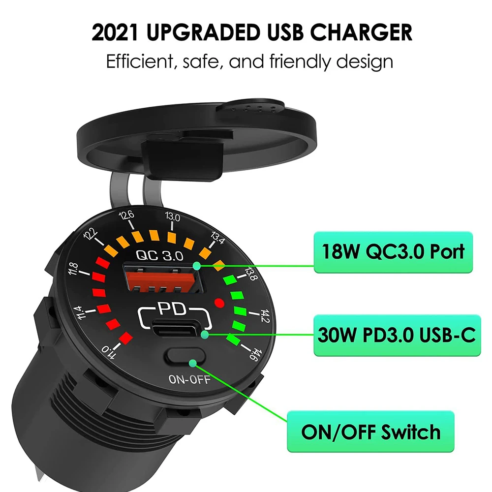 Car Charger QC 3.0 18W Dual USB 12V 24V Waterproof USB PD Outlet Fast Charge with LED Voltmeter ON OFF Switch For Car Motorcycle