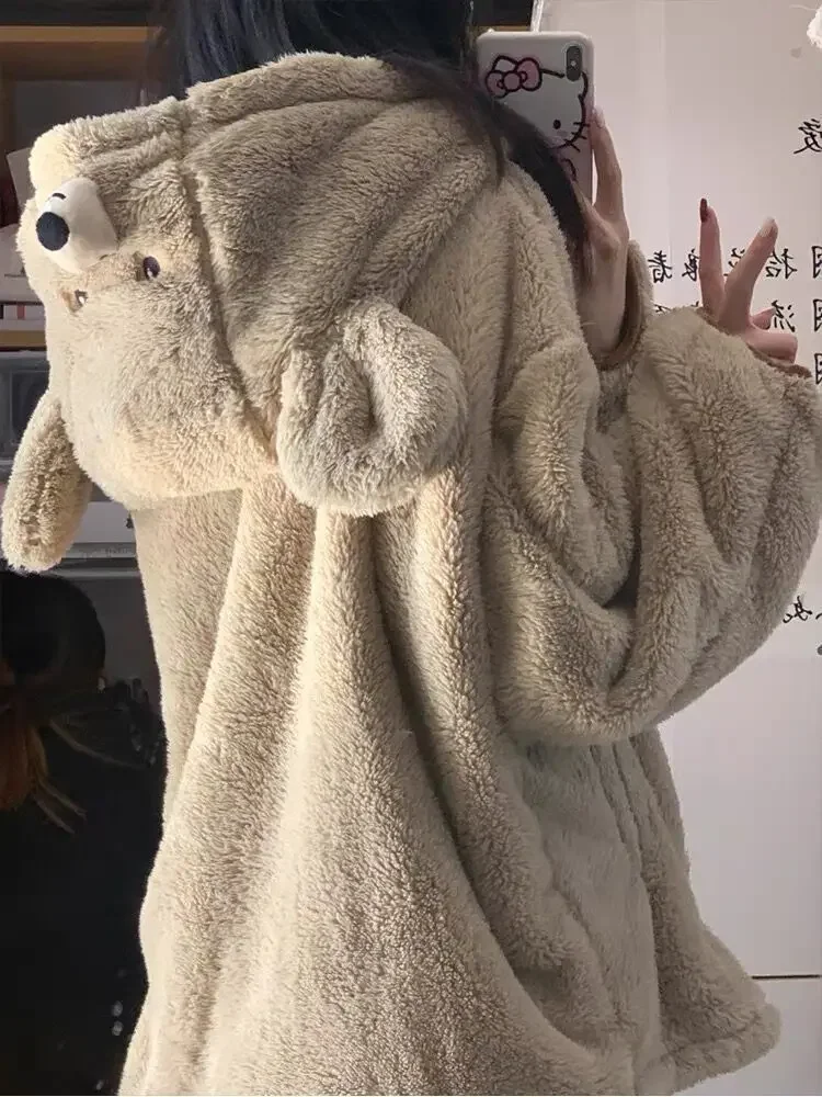 Autumn Winter Cute Bear Ears Coral Fleece Hooded  Loungewear Women Sweet Kawaii Warm Homewear Girls Lounge Sleepwear 2PC Set