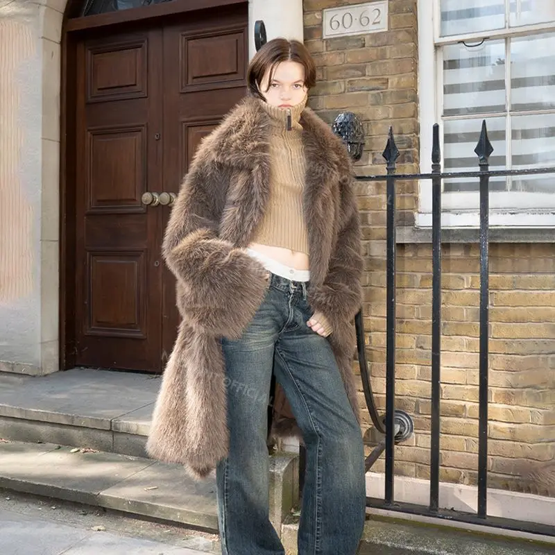 Luxury Brand Belted Long Fluffy Faux Fur Coat Women Winter Thicken Warm Lapel Fox Fur Collar Furry Jacket Overcoat