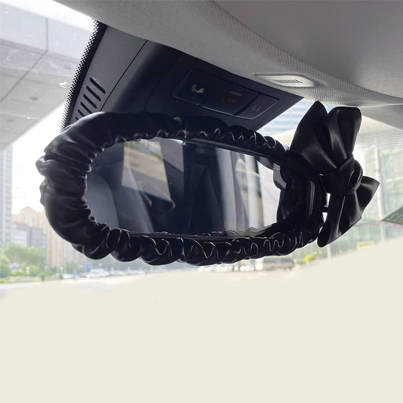 Fashion Pearl Bowknot Car Interior Rear View Mirror Cover Leather Auto Mirror Case Decoration Accessories For Women and Girls