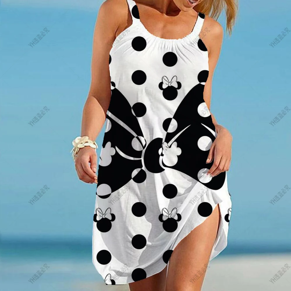 

Bohemian Sleeveless Party Dresses Elegant Sundress Women's Fashion Summer Strap Beach Dress Disney Mickey Mouse Print Dress