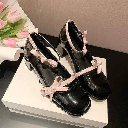 4.5cm High Heel Large Size Single Shoes 34-40 Thick Heel Shallow Mouth Bow with Mary Jane Shoes Female 2024