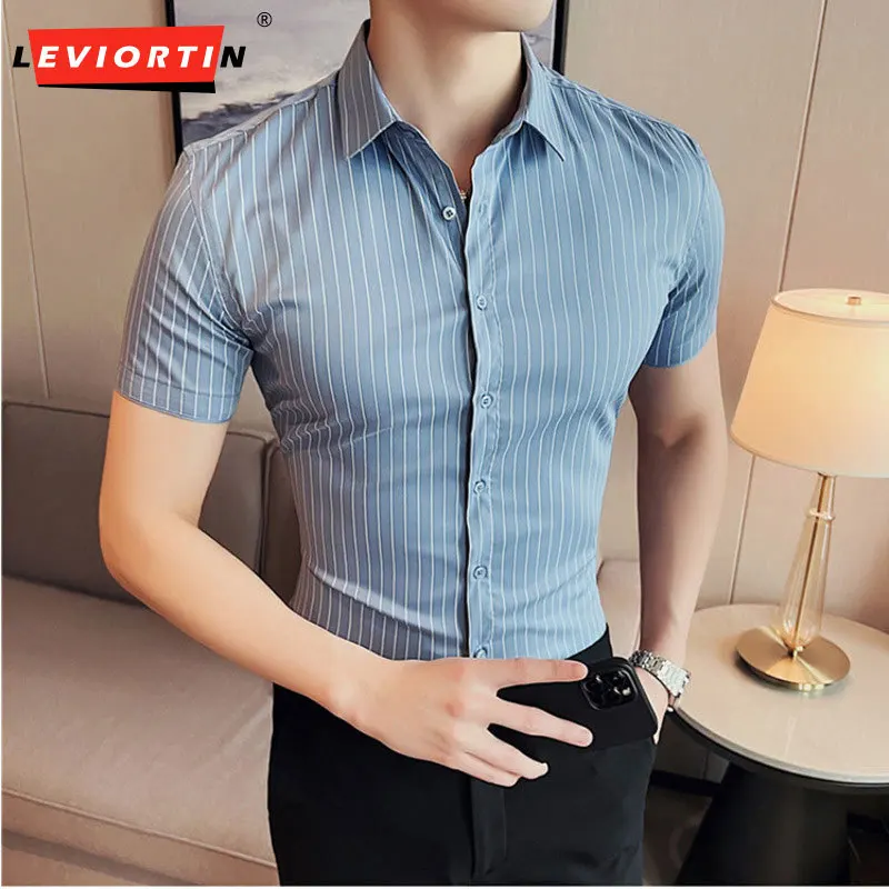 

Plus Size 4XL-S Summer Solid Short Sleeve Striped Shirt For Men Clothing 2023 Business Casual Slim Fit Chemise Homme White/Black