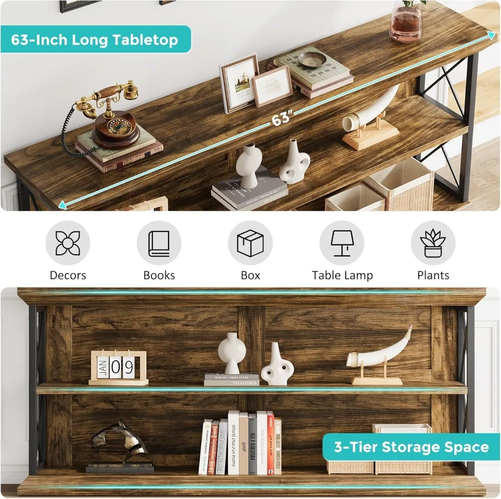 63 Inch Long Console Table with 3-Tier Storage, Industrial Wooden Sofa Table for Living Room Entryway