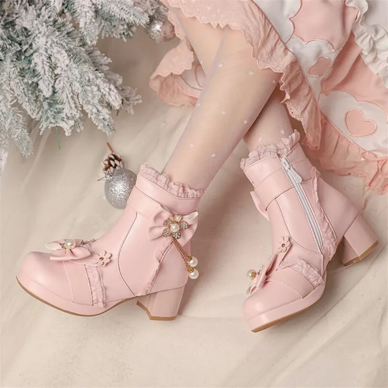 Size28-43 Girls Boots Sweet Bow Women Comfort Platform Ankle Boots Elegant Ruffles Pearl Girls Princess Cosplay Pink Lolita Shoe