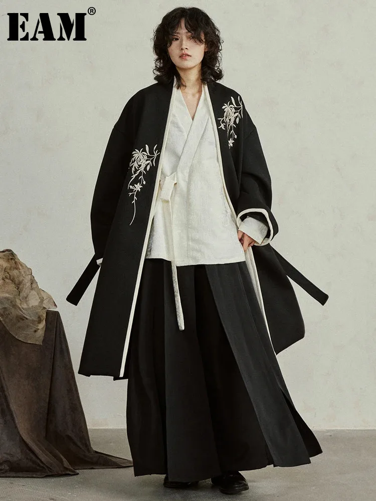 

[EAM] Черное длинное шерстяное пальто большого размера с вышивкой, Новая женская куртка с v-образным вырезом и длинным рукавом, модная осенне-зимняя 2024 1DH4236