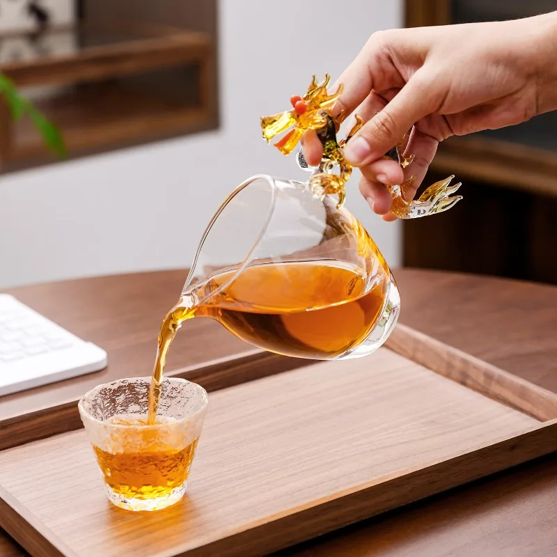 PhoenixDragon Glass Teapot Fairness Cup Heat Resistant Transparent Blue Red Celestial Design Luxury Tea Ceremony Pouring Pitcher