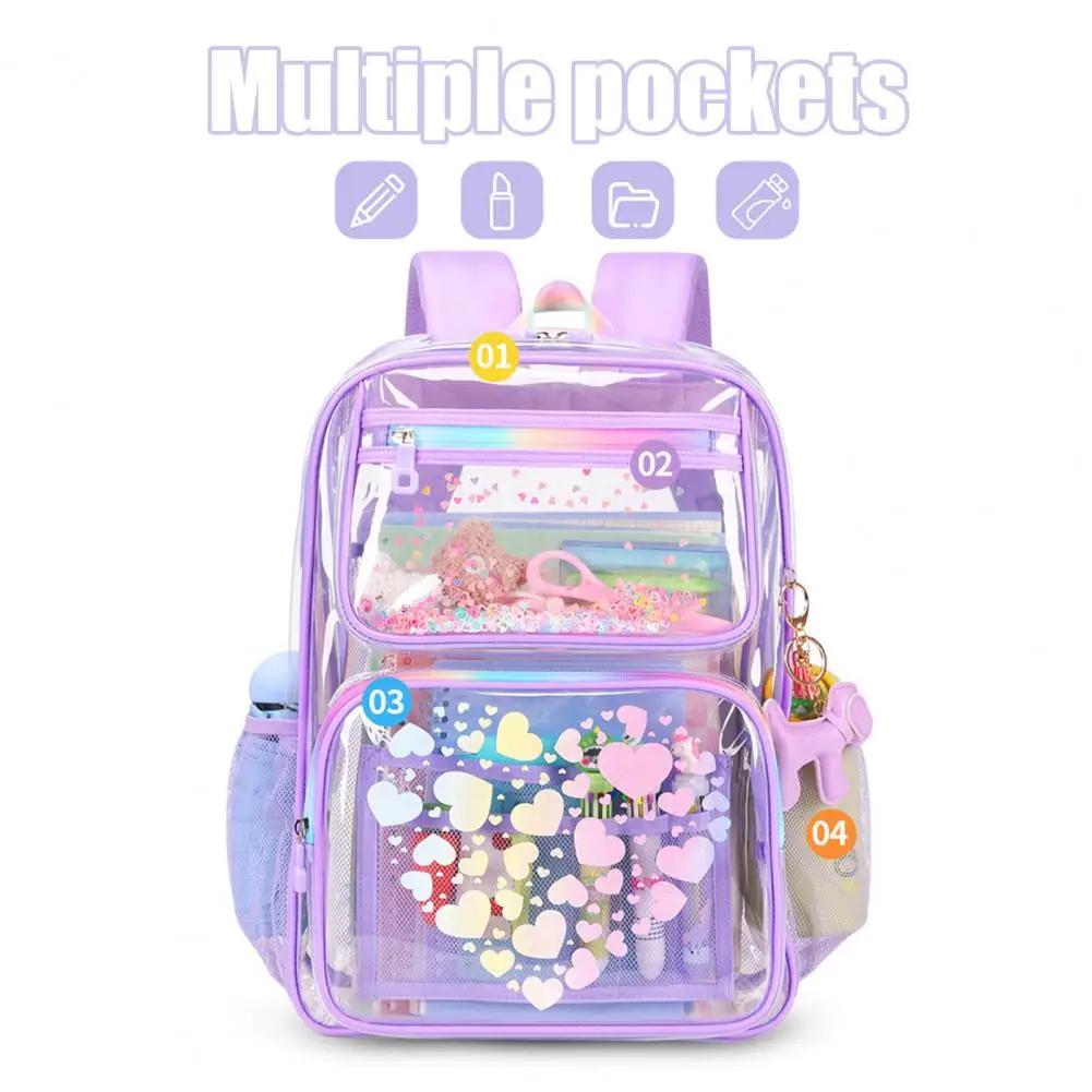 Transparent Backpack for School Waterproof Backpack with Love Heart Prints Main Compartment Front Zipper Pockets for Boys Girls 5
