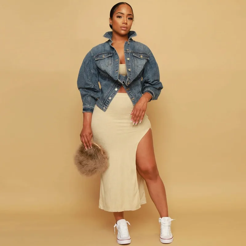 Y2K Style Asymmetrical Jeans Jacket Women Turn Down Collar Pleated Long Sleeve Single Breasted Slim Denim Coat Casual Streetwear