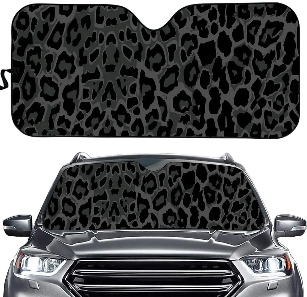 

PZZ BEACH Black and Grey Leopard Print Car Windshield Sun Shade, UV Rays Reflector Auto Front Window Sunshade, Accordion Folding