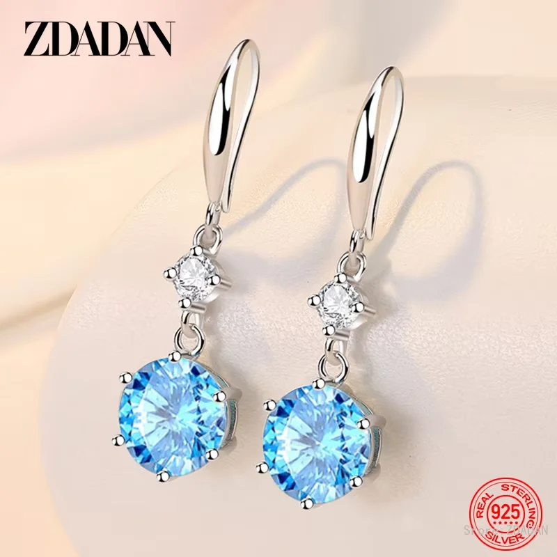 ZDADAN 925 Silber Runde Blaue Zirkon Lange Tropfen Ohrringe Für Frauen Mädchen Mode Schmuck – Detail 1