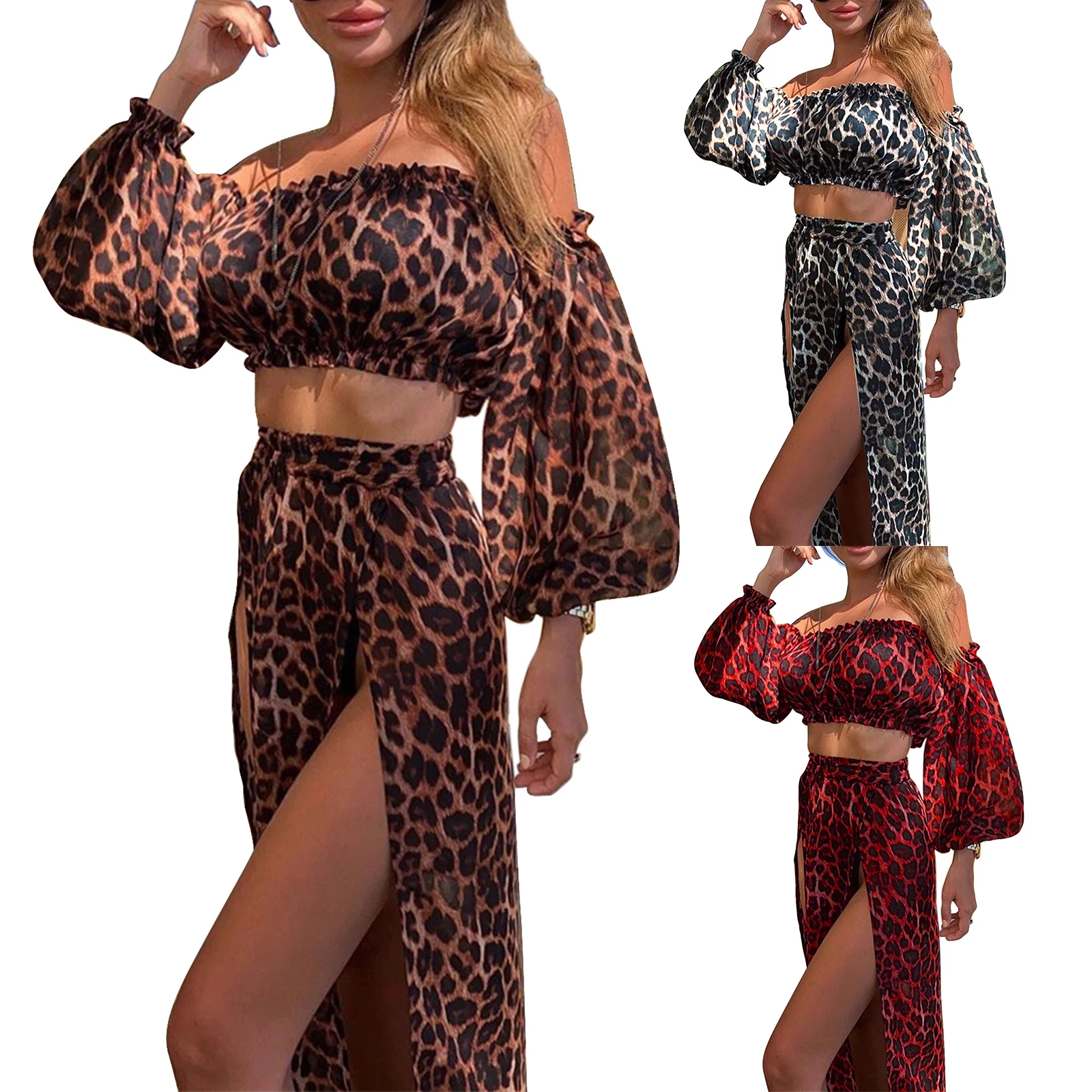 

Women Leopard Bikini Cover-Ups Summer Swimsuit Sets Sexy Off Shoulder Top High Waist Split Skirt 2pcs Bathing Suit Beachwear