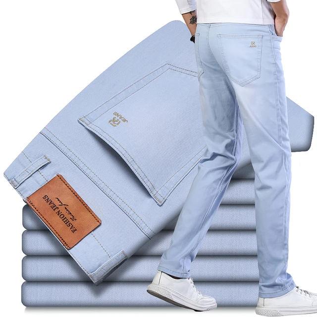 Source Men's jeans business casual light blue stretch fashion