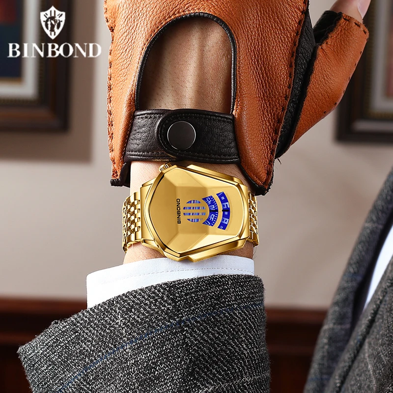 BINBOND Men Popular Fashion Motorcycle Concept Quartz Watch Luminous Steel Band Mesh Watch Touch Screen Black Technology Watch