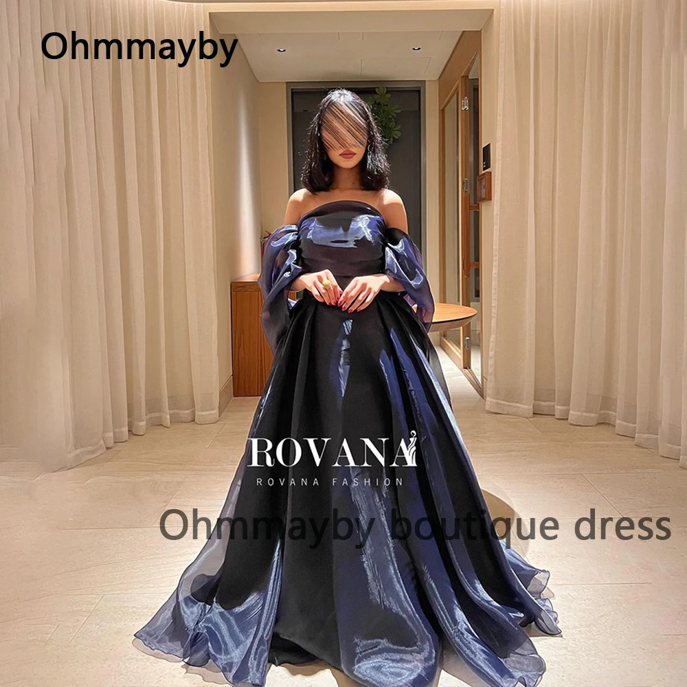 

Dark Blue Organza Evening Dresses for Women Off Shoulder Strapless A Line Prom Dress with Train Long Arabian Formal Gowns 2024