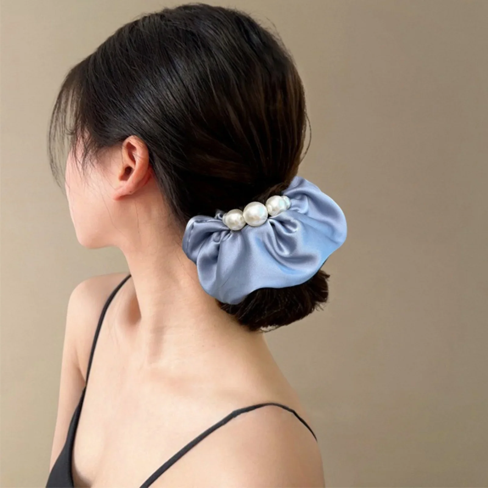 Blue Satin Scrunchie with Pearl Accents - Elegant Hair Accessory