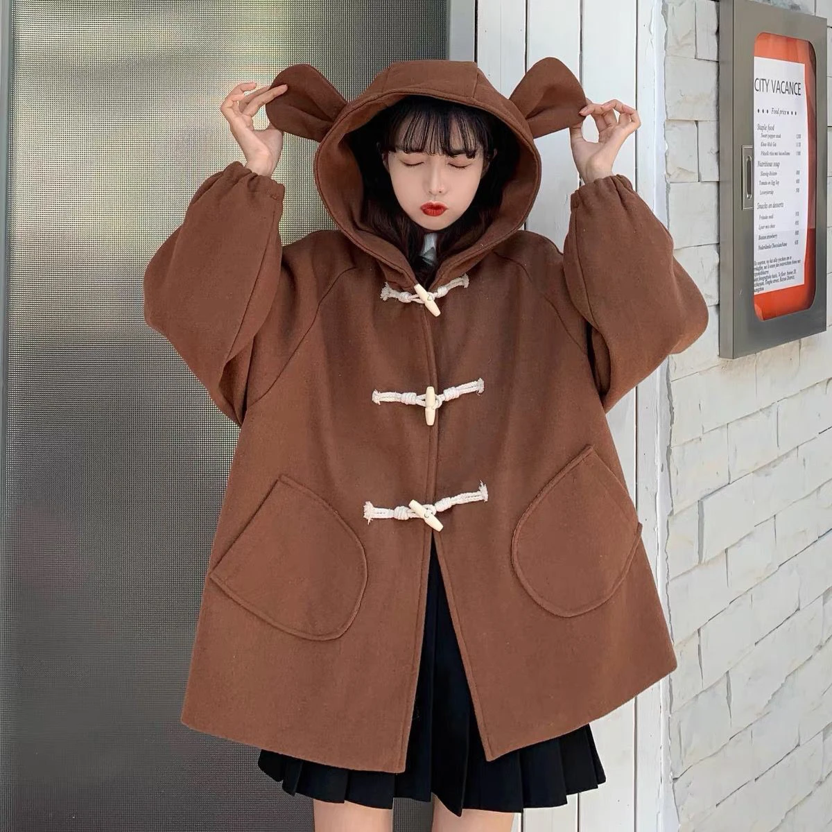 

Winter Sweet Trench Coat Japanese Mid-Length Coat Joker Ears Hooded Horn Buckle Wool Coat Women's Clothing
