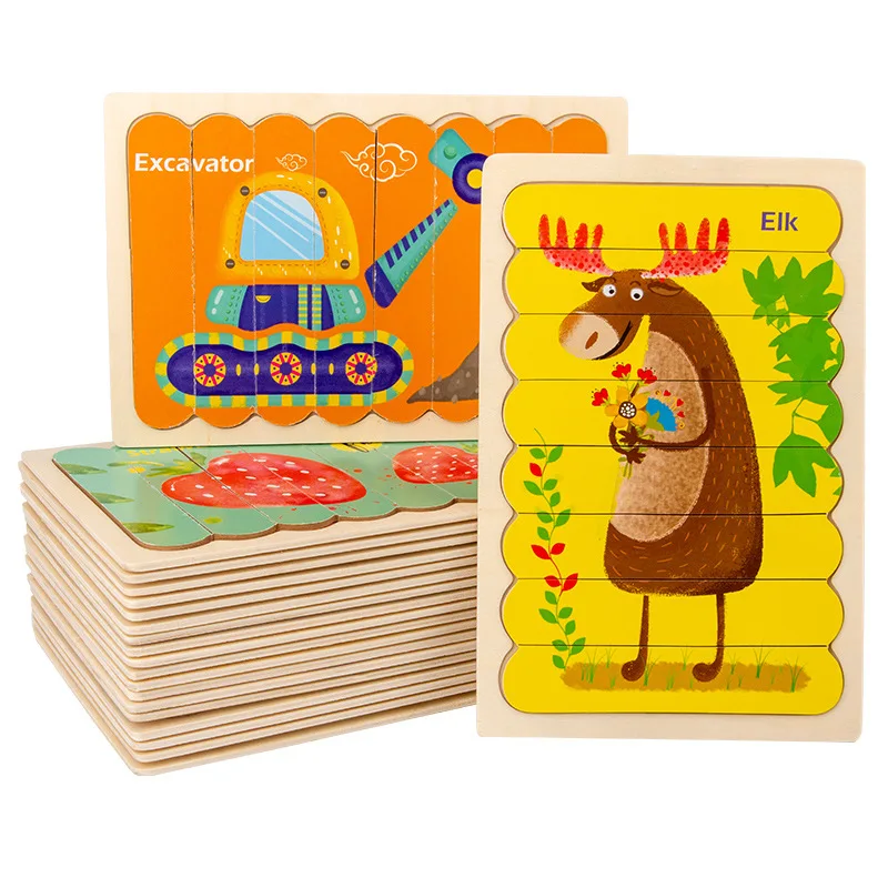 Double Sided Puzzle Toy 3D Wooden Montessori Material Children's Puzzle Front and Back Cartoon Pattern Kids Learning Toy Gift pictographic card children s double sided educational toys baby learning chinese characters earlyenlightenment literacy card
