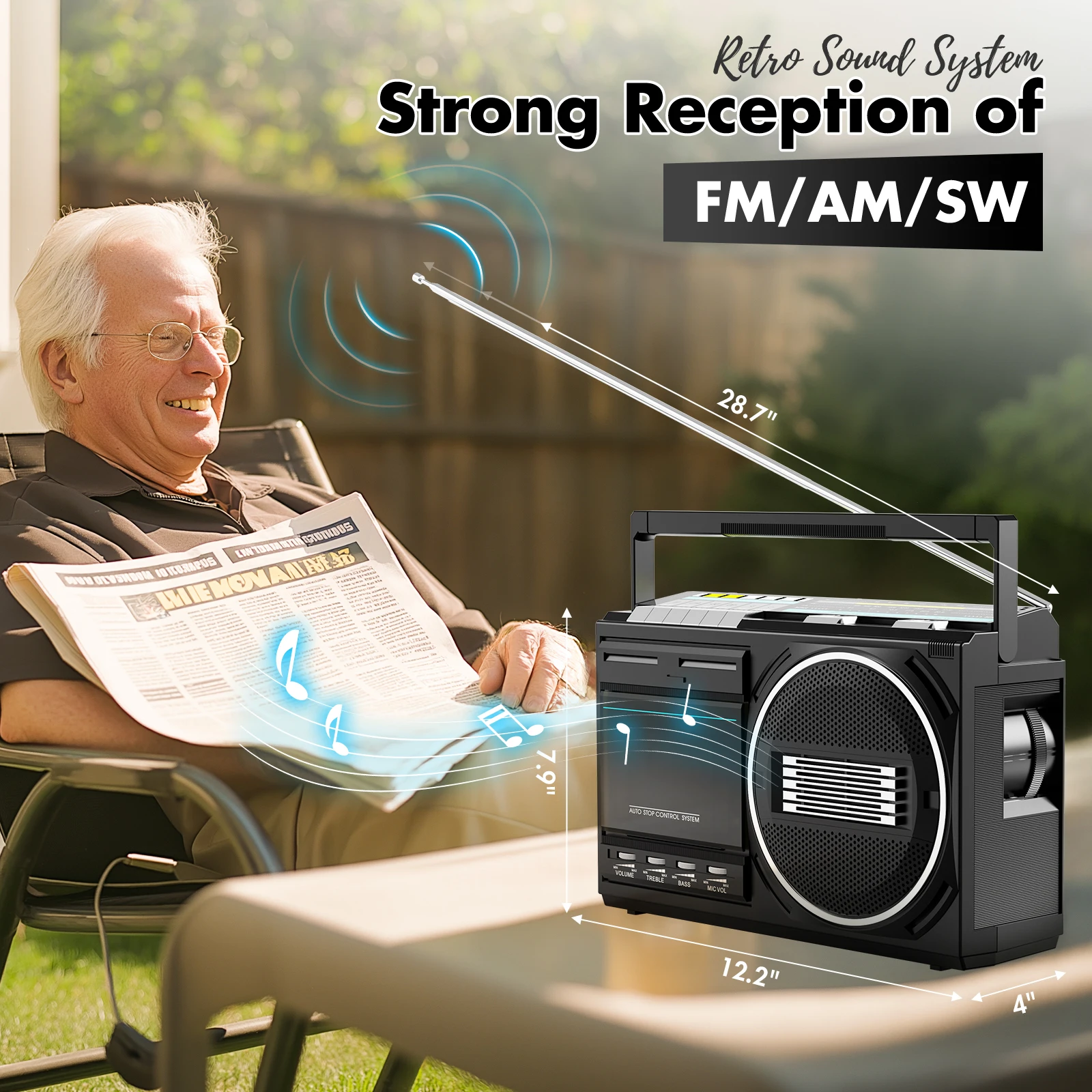 Retro cassette boombox bluetooth and USB FM AM SW radios converts tapes to MP3 with earphone and microphone jacks AC DC power