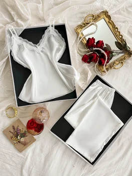 طقم بيجامات نسائي مكون من قطعتين بخياطة من الدانتيل وبسيط على الموضة 5