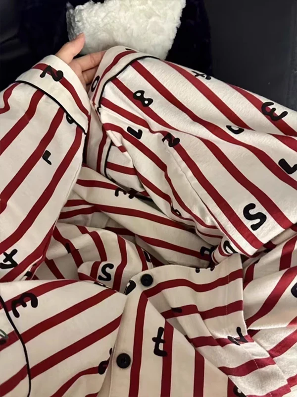 Year of Fate Red Stripe Pajamas Women Spring and Autumn 2024 New Korean sle Advanced Cardigan Trousers Home Wear Set