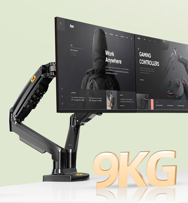 NB F160 ressort à gaz 360 degrés bureau 17 "-27" bras de support de double moniteur support de montage de moniteur de mouvement complet charge 2-9 kg chacun