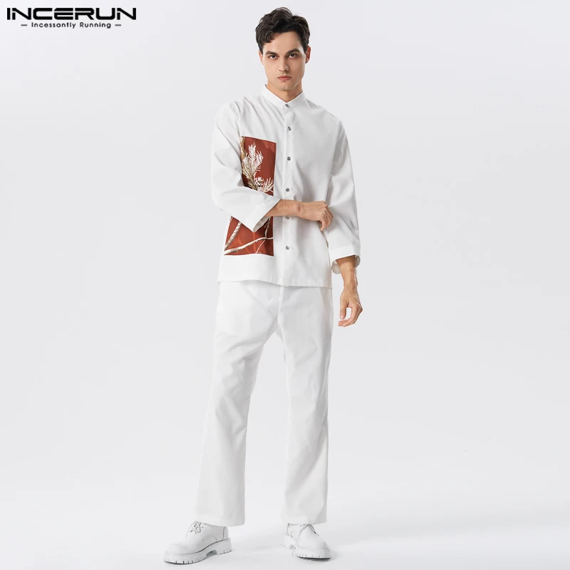 

Stylish Muslim Style Sets INCERUN Men's Long Sleeved Shirt Long Pants Fashion Male Patchwork Printing Two-piece Sets S-5XL 2023