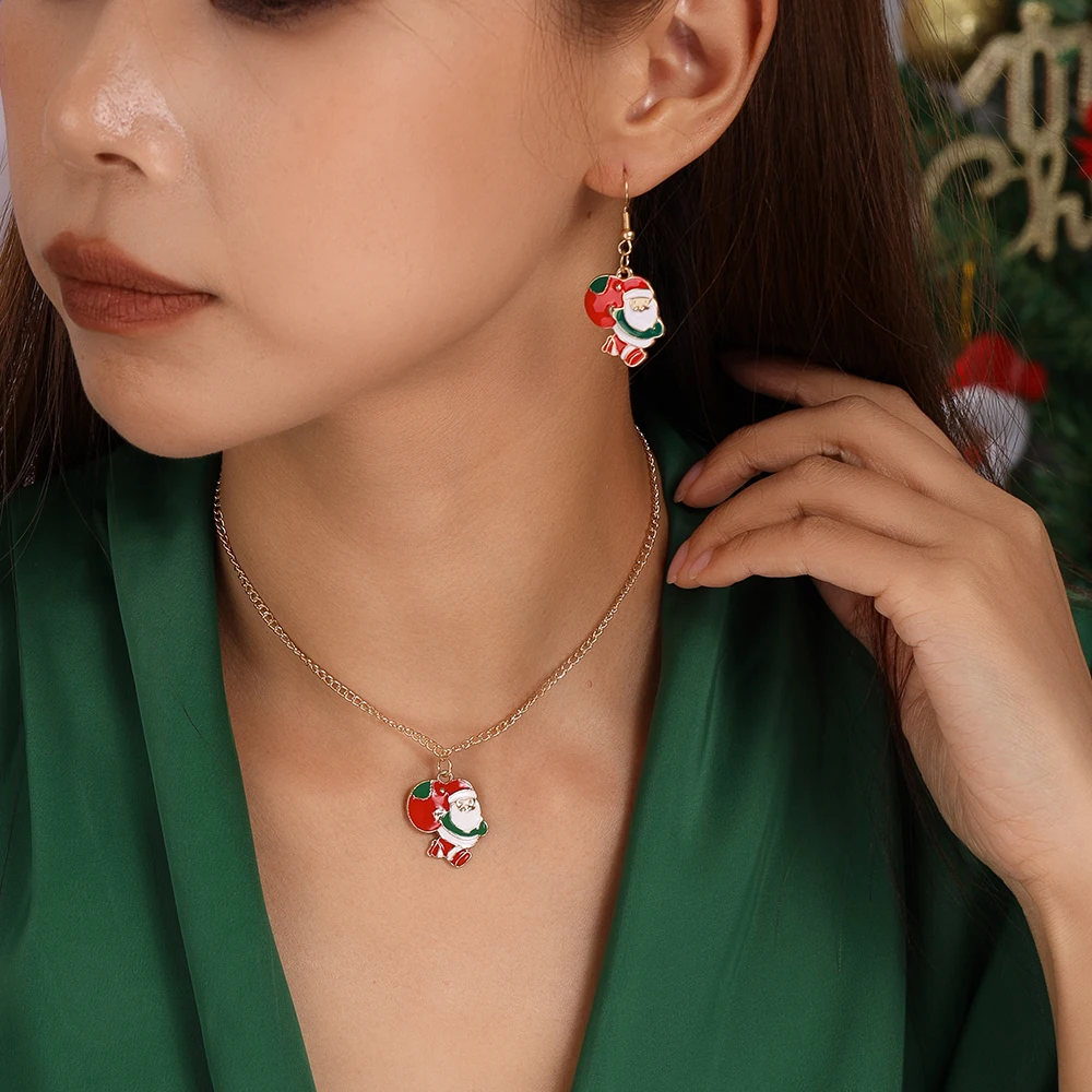 Leslie Fashion Weihnachts-Schneemann-Halskette, Weihnachtsmann, Hirsch, Weihnachtsbaum, Halskette, Ohrringe für Damen, Neujahrs-Schmuckset – Detail 3