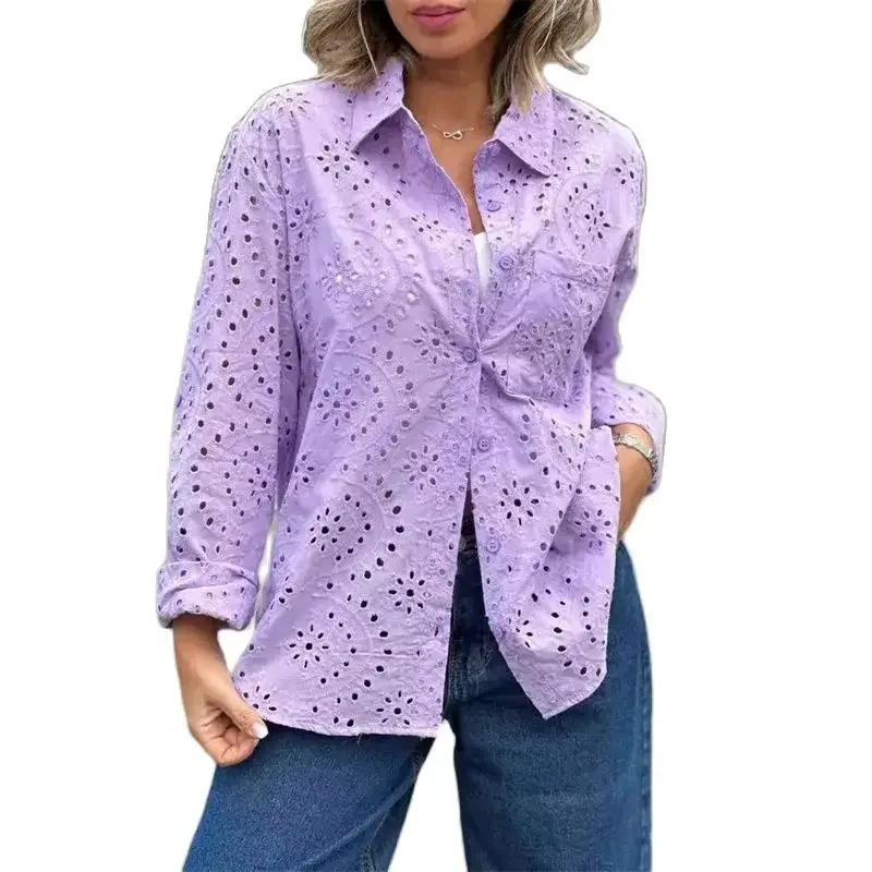 Summer Hollow Out Breathable Shirt Women Lapel Single-breasted Cardigan Blouse Female Commuter Casual Long Sleeve Loose Tops New