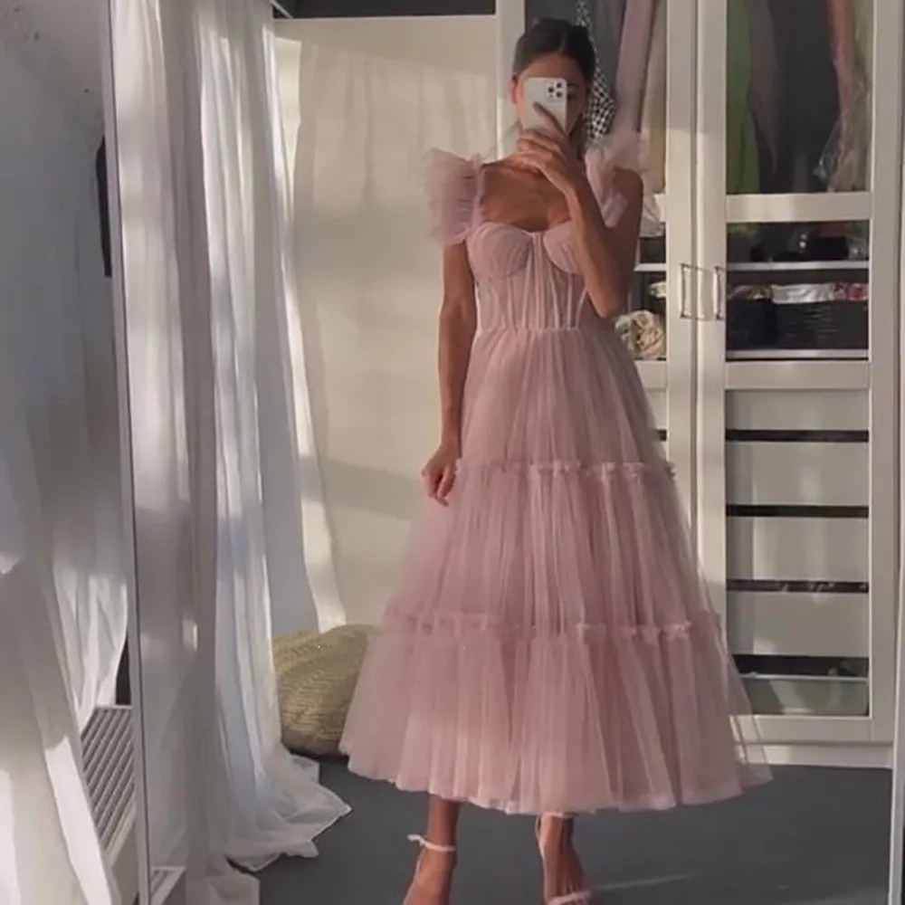 Simple Pink Prom Dresses Spaghetti Straps Tiered Tulle Prom Gowns Exposed Boning A-Line Tea-Length Wedding Party Dresses sage green prom dress
