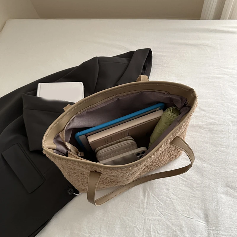 Soft Handbag Large Capacity Fall Winter Shoulder Bag Women Lamb Wool Tote Bag Zipper Closure Casual Shopping Traveling Tote