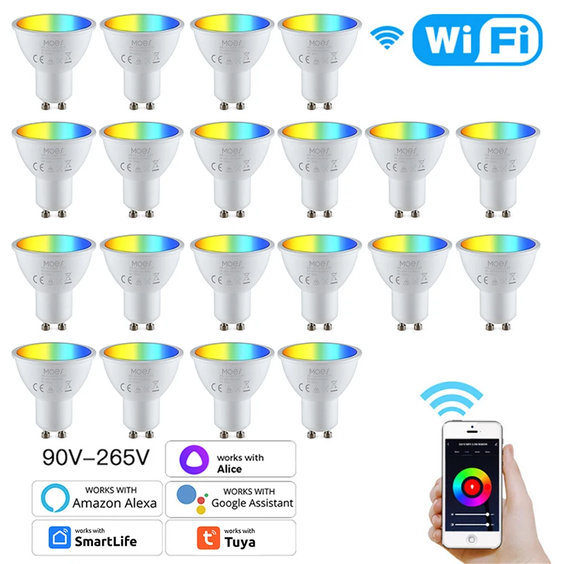 

Светодиодные лампы GU10 с регулируемой яркостью, умные LED лампы с Wi-Fi, GU10, 5 Вт, RGBW, C + W, с умным управлением жизнью, с Alexa Google