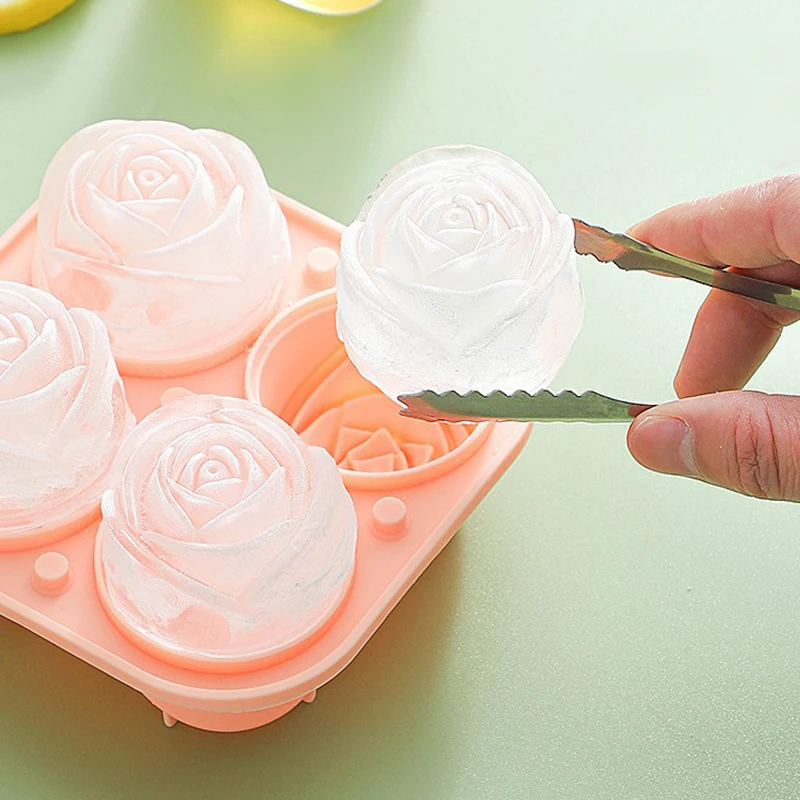 Ice Cube Mold 4 Holes 3D Rose Flower Ice Cube Maker Bear Ice Cube Mold Cake Mould Tray Cream DIY Tool Whiskey Wine Cocktail Silicone Mold