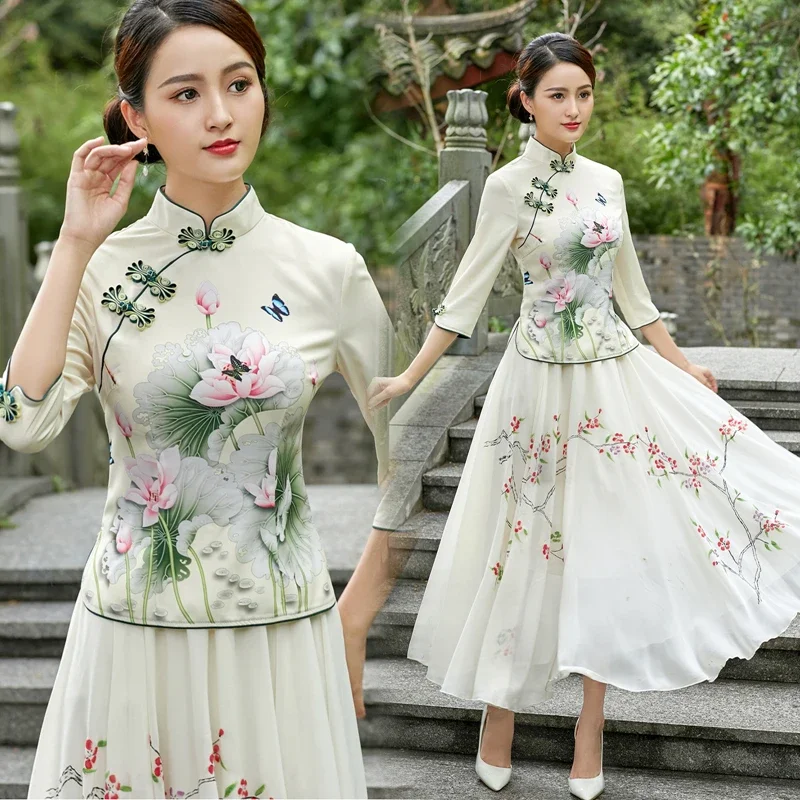

Вышитые китайские топы, женское дневное платье, юбка, ретро Улучшенный Ципао, топы, длинные брюки, Женская китайская рубашка Hanfu