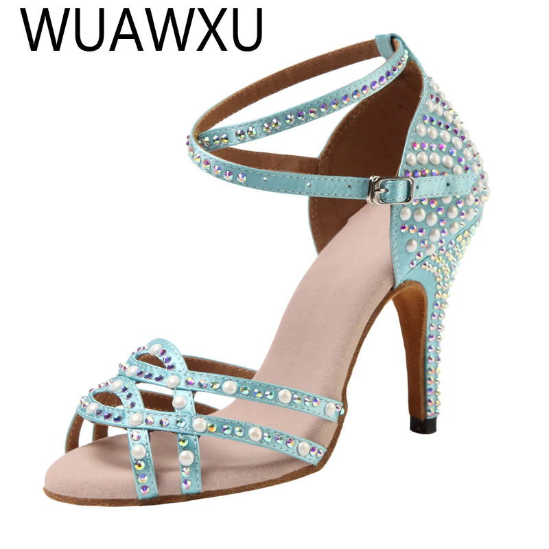 Women's party dancing shoes Women's satin shiny rhinestone soft soled Latin dancing shoes Women's salsa dancing shoes Heels 5CM-