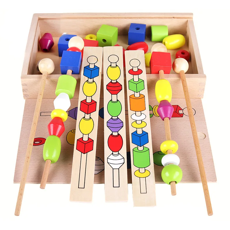 

Montessori Early Learning Puzzle Beaded Box Children's Enlightenment Fine Action Training Wooden Stick Rope Wearing Beaded Toys