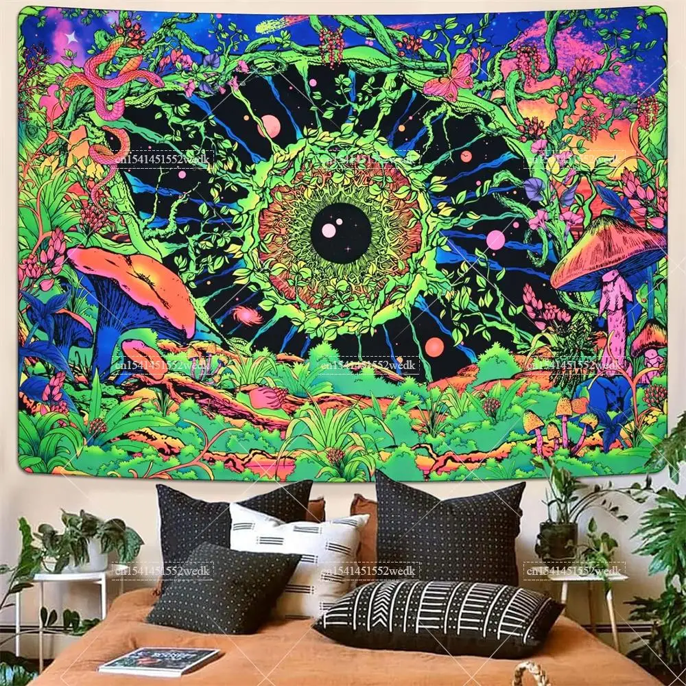 Blacklight Mushroom Tapestry UV Reactive Hippie Eye Butterfly Snake Neon Tapestrys Floral Plants Black Light Wall Tapestry