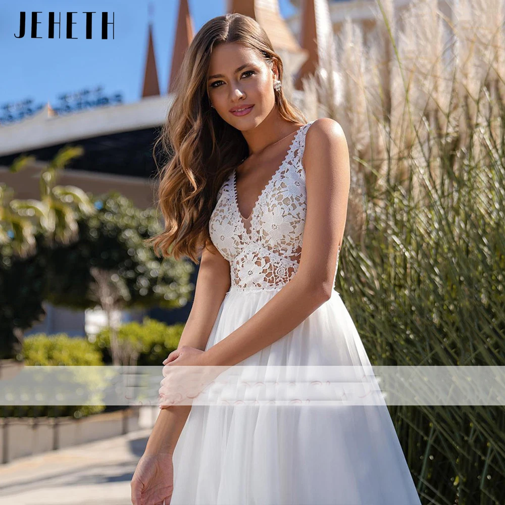 JEHETH Boho V-Neck Backless Tulle Wedding Dress A-line Lace Appliques Bride Bridal Gown Sweep Train Custom vestidos de novia summer wedding guest dress