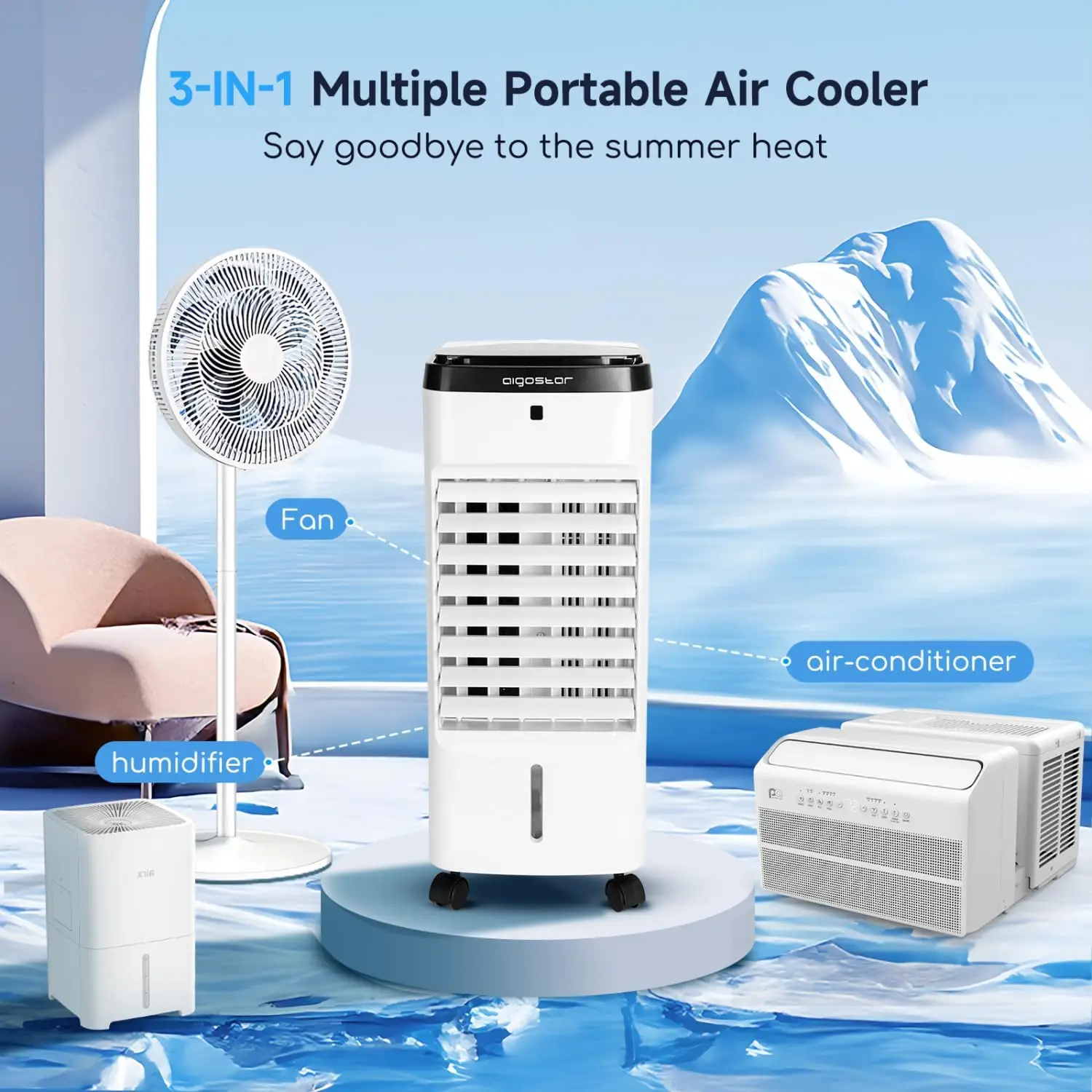 

Evaporative air cooler with 3 Modes Cooling and Humidification, 3 in 1 Windowless Cooling Fan, 12H Timer, Remote Control Ultra-