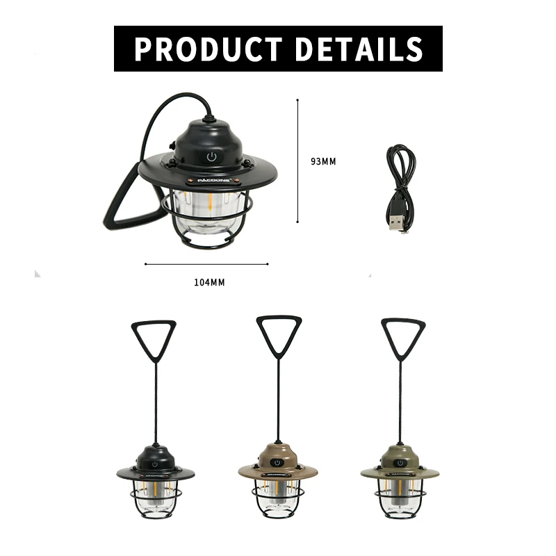 PACOONE Outdoor Hiking Tent Light Waterproof Camping Retro Small Droplight Mobile Power Portable Emergency Light Lighting Device