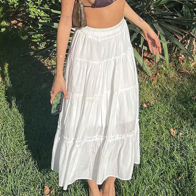 

HOUZHOU Summer White Long Skirt Women Vintage Elastic Waist A-line Patchwork Boho Loose Midi Skirt 2000s Y2k Streetwear Fashion