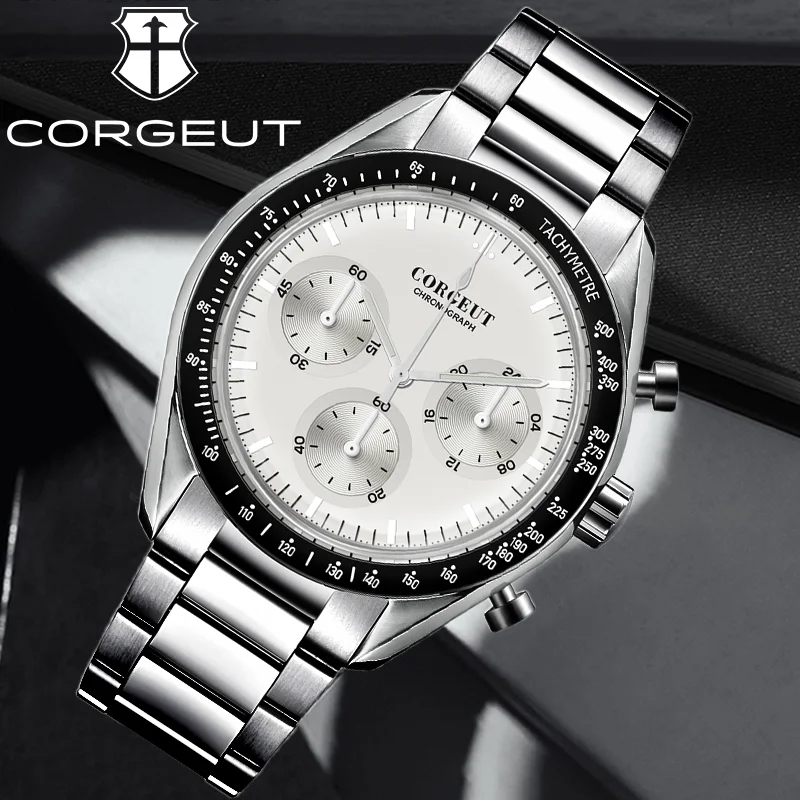 

CORGEUT VK63 40mm Steel Fashion Luxury Men's Watch Quartz Movement Mineral Glass Watch for Man Waterproof Night Light Tachymetre