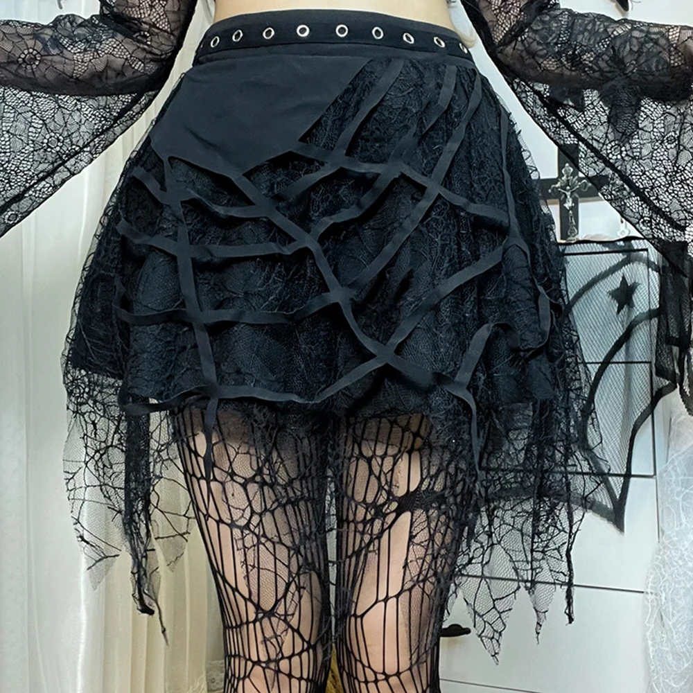 

Goth Dark Spider Web Skirts Punk Mesh Tassel Mini Gothic Grunge High Waist A-line Skirt For Women Eyelet Party Alt Clothes Y2k